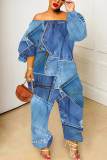 Sky Blue Faux Denim Print Off Shoulder Long Sleeve Casual Vacation Harem Leg Jumpsuits