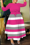 Green Striped Print O Neck 3/4 Sleeve Belted Pockets Long Vacation Casual Pleated A Line Maxi Dresses