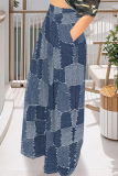 Blue Leopard Faux Denim Print Pocket Loose Casual High Waist Wide Leg Bottoms Pants