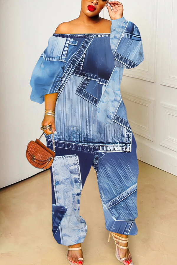 Sky Blue Faux Denim Print Off Shoulder Long Sleeve Casual Vacation Harem Leg Jumpsuits