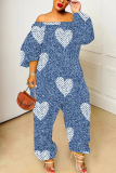 Blue Graphics Print Off Shoulder Long Sleeve Casual Vacation Harem Leg Jumpsuits