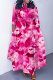 Green Graphics Print O Neck 3/4 Sleeve Belted Pockets Long Vacation Casual Pleated A Line Maxi Dresses