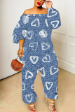 Blue Graphics Print Off Shoulder Long Sleeve Casual Vacation Harem Leg Jumpsuits