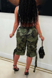 Green Camouflage Print Pocket Mid Waist Casual Cargo Shorts
