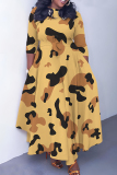 Earthy Yellow Graphics Print O Neck 3/4 Sleeve Belted Pockets Long Vacation Casual Pleated A Line Maxi Dresses