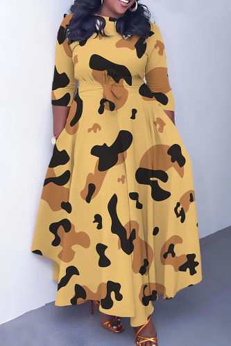 Earthy Yellow Graphics Print O Neck 3/4 Sleeve Belted Pockets Long Vacation Casual Pleated A Line Maxi Dresses