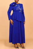 Blue Flowers Decor Hot Drill O Neck Ruffle Casual Formal Office Lady Plus Size Pleated Maxi Dresses