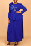 Blue Flowers Decor Hot Drill O Neck Ruffle Casual Formal Office Lady Plus Size Pleated Maxi Dresses