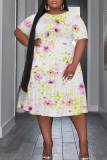 Light Purple Plants Print O Neck Short Sleeve Ruffle Hem Casual Vacation Midi Dress