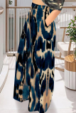 Blue Leopard Faux Denim Print Pocket Loose Casual High Waist Wide Leg Bottoms Pants