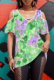 Pastel Green Plants Print V Neck Cold Shoulder Short Sleeve Hollow Out Casual Vacation Oversize T-Shirts