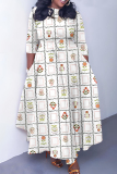 Gray Blue Graphics Print O Neck 3/4 Sleeve Belted Pockets Long Vacation Casual Pleated A Line Maxi Dresses