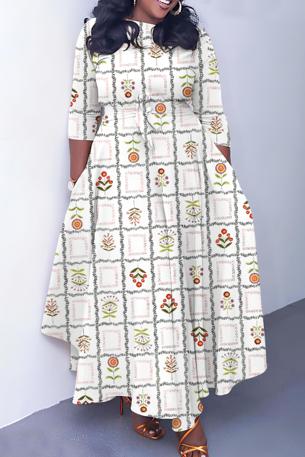 Gray Blue Graphics Print O Neck 3/4 Sleeve Belted Pockets Long Vacation Casual Pleated A Line Maxi Dresses