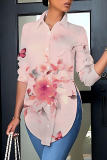 Purple Butterfly Print Long Sleeve Buttons Slit Turndown Collar Casual Plus Size Blouse Shirt Tops
