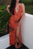 Orange Ombre Print Backless Sleeveless Ruffle Trim Slit Vacation Maxi Slip Dresses