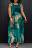 Army Green Graphics Print Sleeveless O Neck Loose Casual Vacation Maxi Tank Dresses