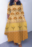 Gray Blue Graphics Print O Neck 3/4 Sleeve Belted Pockets Long Vacation Casual Pleated A Line Maxi Dresses