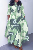 Earthy Yellow Graphics Print O Neck 3/4 Sleeve Belted Pockets Long Vacation Casual Pleated A Line Maxi Dresses