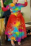 Black Ink Splash Print O Neck 3/4 Sleeve Belted Pockets Long Vacation Casual Pleated A Line Maxi Dresses