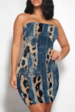 Light Blue Leopard Faux Denim Print Sleeveless Strapless Bodycon Tube Mini Dresses
