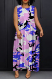 Green Graphics Print Sleeveless O Neck Loose Casual Vacation Maxi Tank Dresses