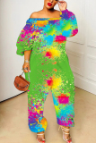 Black Ink Splash Print Off Shoulder Long Sleeve Casual Vacation Harem Leg Jumpsuits