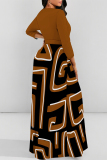 Brown Colorblock Print O Neck Long Sleeve Belt Loose Vacation A Line Maxi Swing Dresses