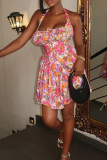 Pink Floral Print Sleeveless Backless Spaghetti Strap Vacation Halter Mini Dresses