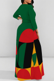 Brown Colorblock Print O Neck Long Sleeve Belt Loose Vacation A Line Maxi Swing Dresses