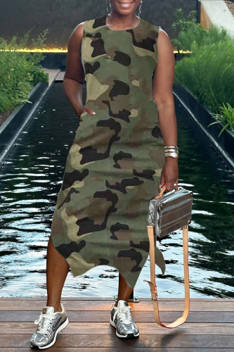 Army Green Camouflage Print Sleeveless O Neck Slit Casual Vacation Maxi Tank Dresses