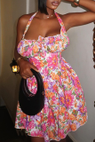 Pink Floral Print Sleeveless Backless Spaghetti Strap Vacation Halter Mini Dresses