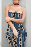 Light Blue Leopard Faux Denim Print Sleeveless Strapless Bodycon Tube Mini Dresses