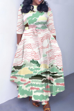 Green Graphics Print O Neck 3/4 Sleeve Belted Pockets Long Vacation Casual Pleated A Line Maxi Dresses