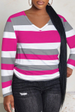 Green Striped Print V Neck Long Sleeve Casual Oversize Plus Size Tops