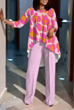 Apricot Leopard Print O Neck Long Sleeve Irregular Hem Tops And Pants Casual Formal Office Lady Two Pieces Trouser Sets