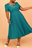 Lake Green Sequins Square Neck Short Sleeve Casual Formal Office Lady Pleated Maxi Dress