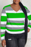 Green Striped Print V Neck Long Sleeve Casual Oversize Plus Size Tops