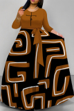 Brown Colorblock Print O Neck Long Sleeve Belt Loose Vacation A Line Maxi Swing Dresses