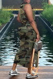 Army Green Camouflage Print Sleeveless O Neck Slit Casual Vacation Maxi Tank Dresses