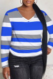 Green Striped Print V Neck Long Sleeve Casual Oversize Plus Size Tops