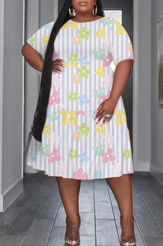 Light Purple Plants Print O Neck Short Sleeve Ruffle Hem Casual Vacation Midi Dress