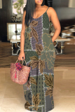 Tan Graphics Print Backless Sleeveless Spaghetti Strap Floor Length Vacation Baggy Sundress Slip Maxi Dress