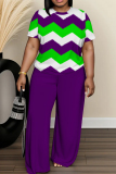 Royal Blue Wave Print O Neck Short Sleeve Oversize T-shirt And Wide Leg Pants Casual Two Pieces Trouser Sets