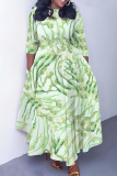 Earthy Yellow Graphics Print O Neck 3/4 Sleeve Belted Pockets Long Vacation Casual Pleated A Line Maxi Dresses