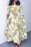 Earthy Yellow Graphics Print O Neck 3/4 Sleeve Belted Pockets Long Vacation Casual Pleated A Line Maxi Dresses