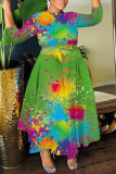 Black Ink Splash Print O Neck 3/4 Sleeve Belted Pockets Long Vacation Casual Pleated A Line Maxi Dresses
