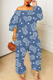 Blue Graphics Print Off Shoulder Long Sleeve Casual Vacation Harem Leg Jumpsuits