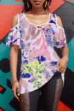 Pastel Green Plants Print V Neck Cold Shoulder Short Sleeve Hollow Out Casual Vacation Oversize T-Shirts