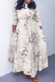 Earthy Yellow Graphics Print O Neck 3/4 Sleeve Belted Pockets Long Vacation Casual Pleated A Line Maxi Dresses