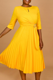 Yellow Half Sleeve O Neck Hollow Out Casual Formal Office Lady Plus Size Pleated Midi Dresses